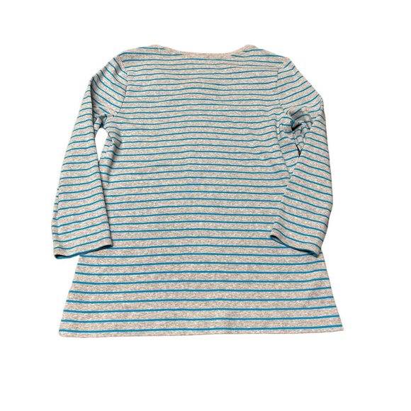 New Directions Women Large Pull Over Top Long Sleeve Gray Teal Blue Stripes Soft - Picture 2 of 8